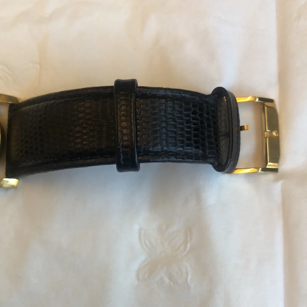 Movado Leather Watch - Grained Black Leather with Gold